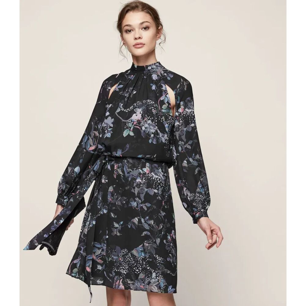 REISS Saturn Black Leaf Floral Printed Mini Dress Size US 4 - NWOT
